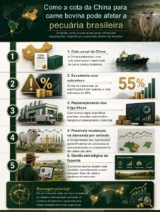 Infográfico mostrando como a cota da China para carne bovina afeta exportações, frigoríficos e o mercado do boi gordo no Brasil em 2026.
